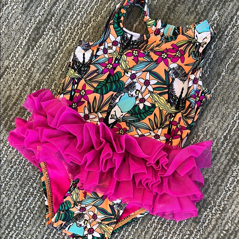 Tropical Kids Swimwear with Pink Ruffles
